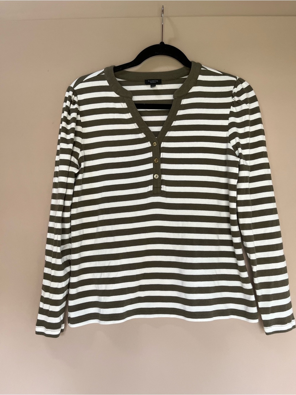 Talbots Olive & White Striped Long-Sleeve Henley
